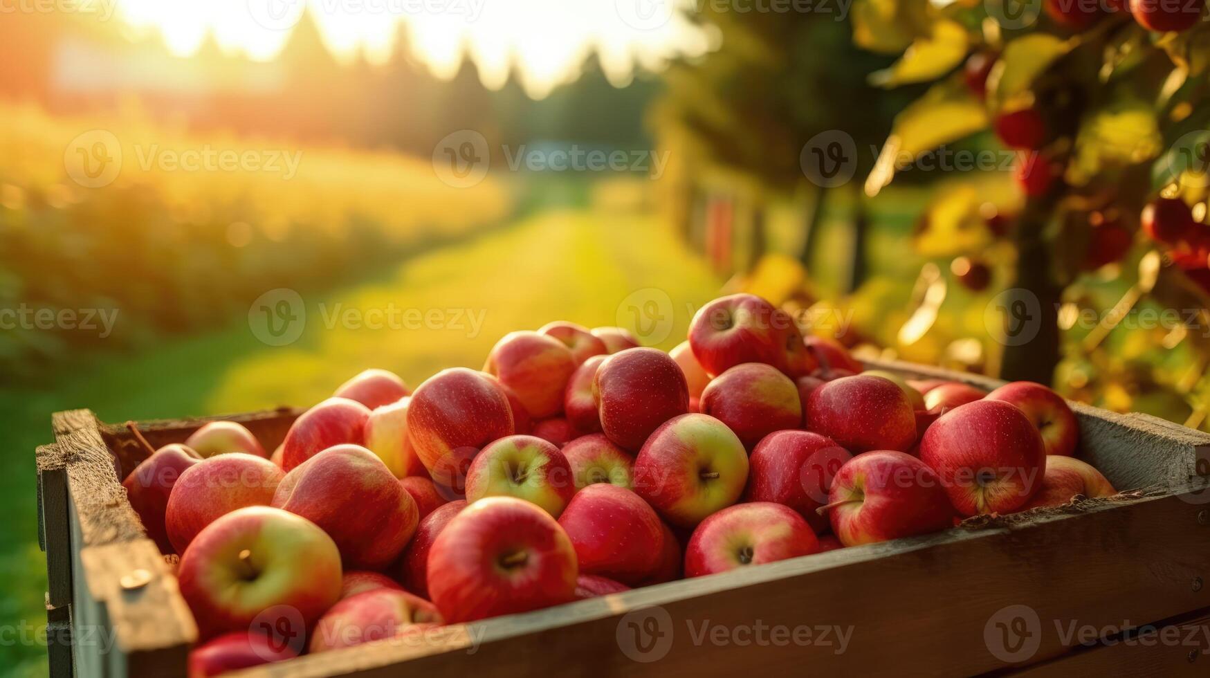 Organic red apples in a wooden box on the field. Space for text, mockup, photo