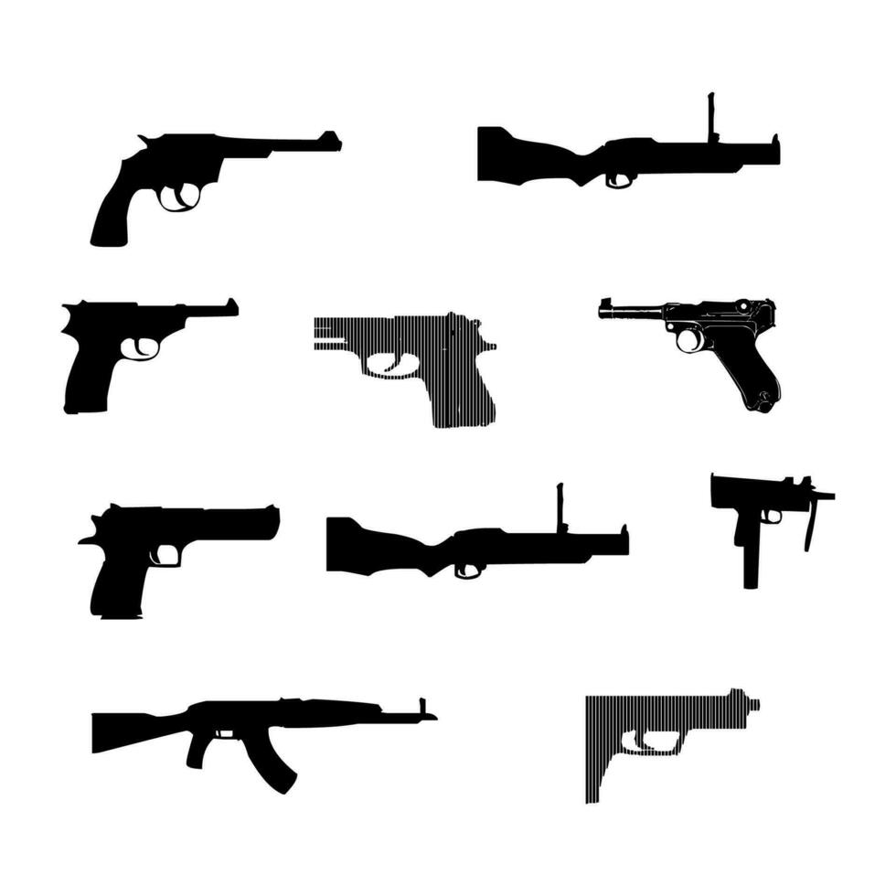 Weapon silhouettes set, Set of various modern weapons vector. vector