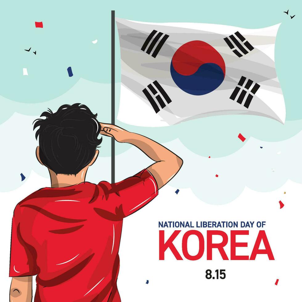 National Liberation Day of Korea. boy saluting korean flag vector