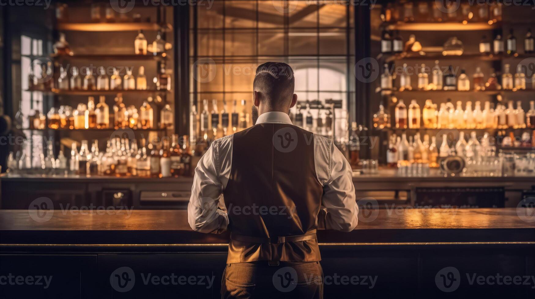 Rear view of young bartender standing at bar counter. photo