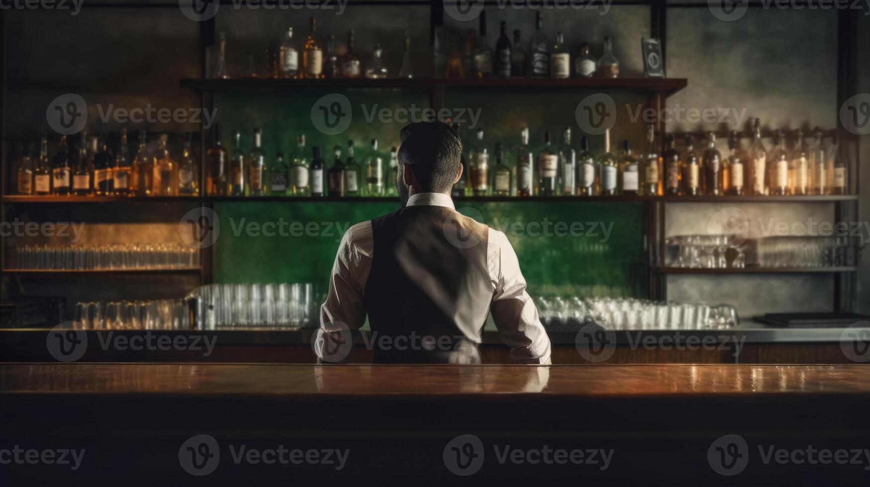 Rear view of young bartender standing at bar counter. photo