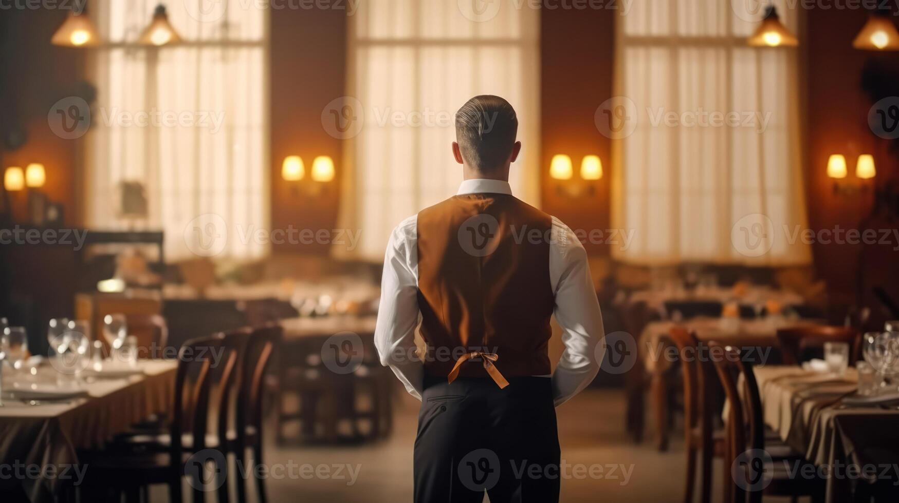 Rear view of waiter standing in restaurant. photo