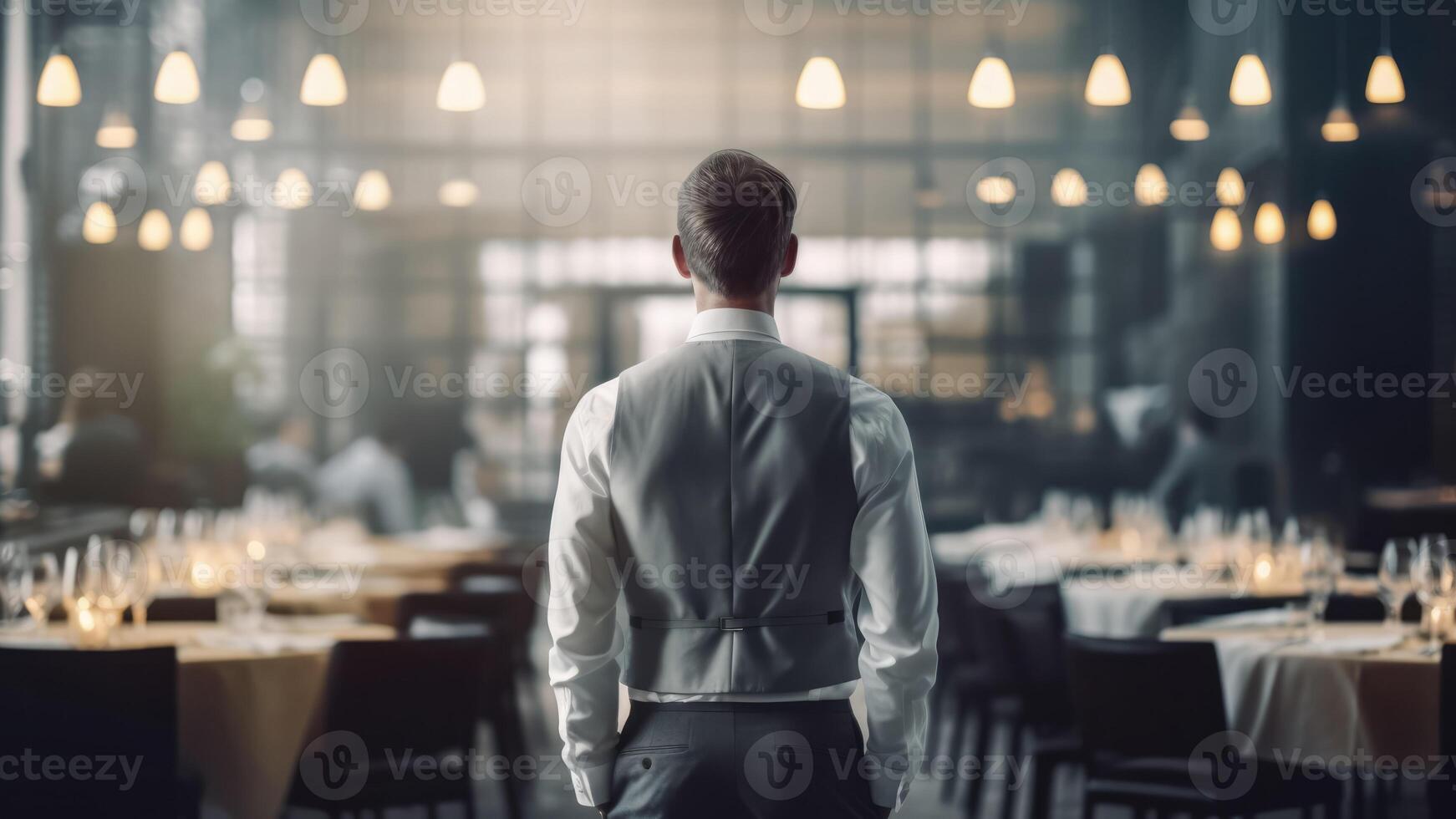 Rear view of waiter standing in restaurant. photo