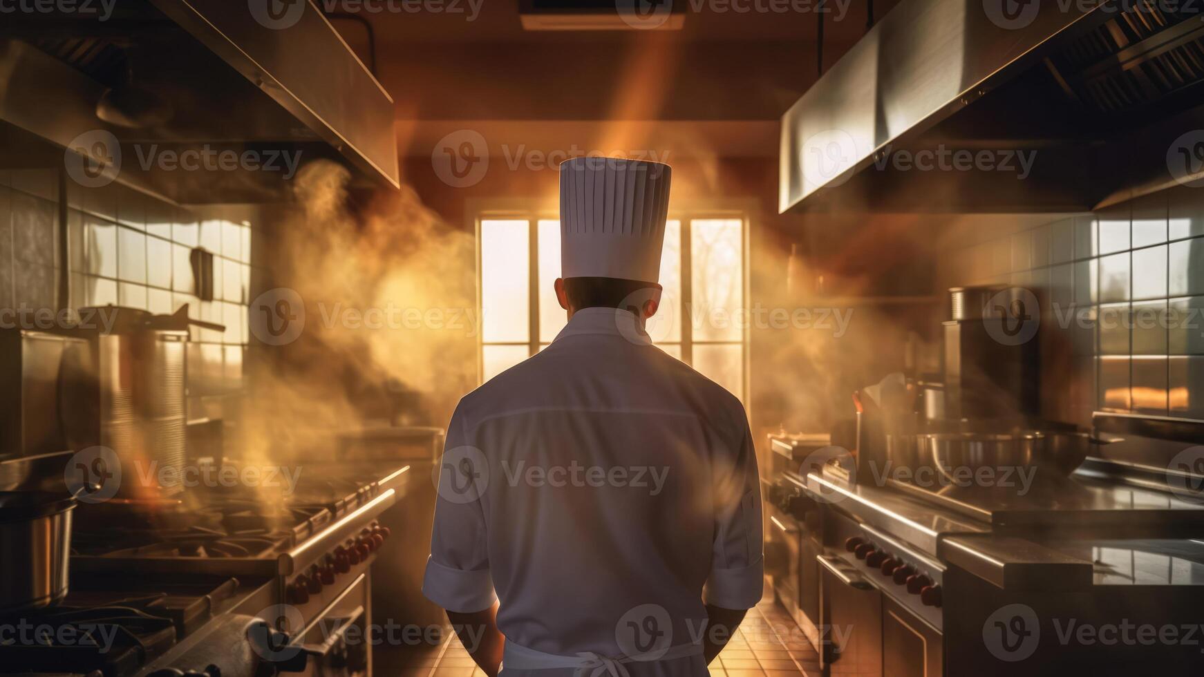 Back view of confident male chef standing in modern kitchen. photo