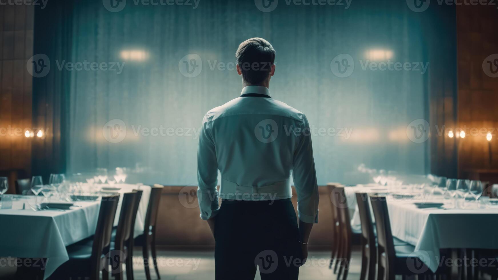 Rear view of waiter standing in restaurant. photo