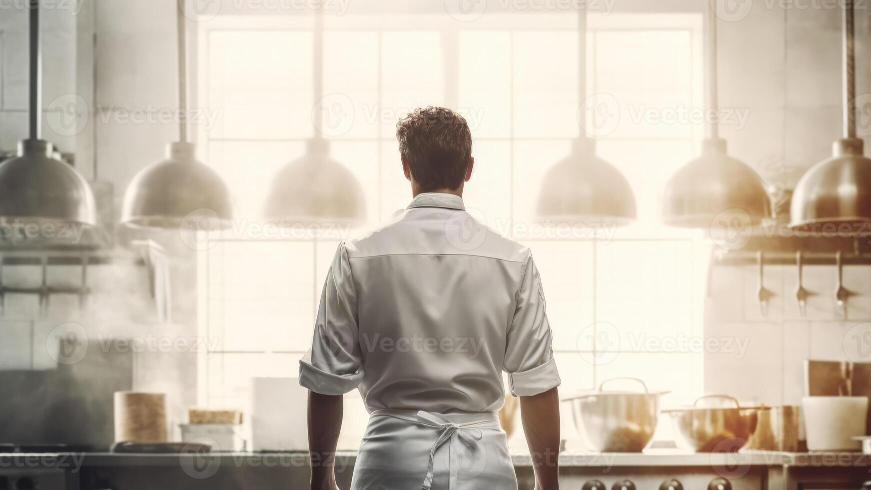 Back view of confident male chef standing in modern kitchen. photo