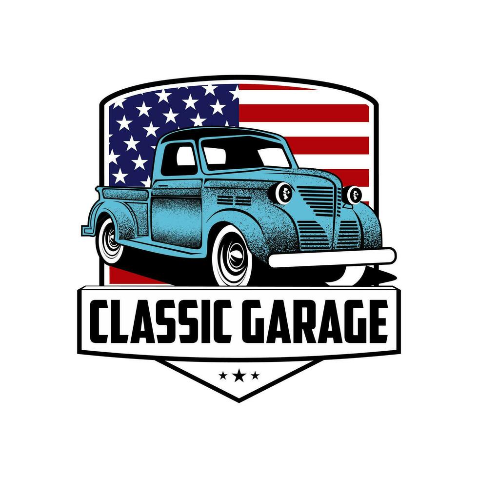 Classic car garage. Vector illustration with the image of an old classic car, design logos, posters, banners, signage.