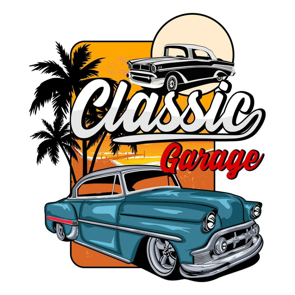 Classic car garage full color isolated with a white background. vector