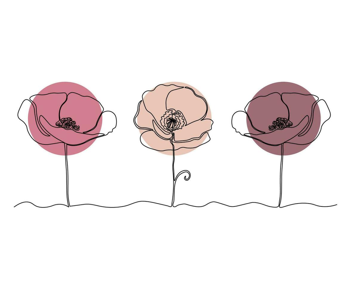 set of three red poppies one continuous line art. Logo beauty salon, cosmetics, spa vector