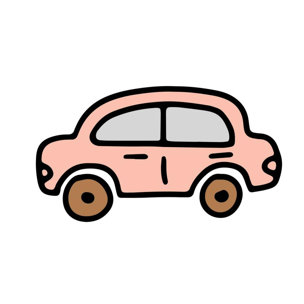 Doodle car. Funny primitive sketch scribble style. Hand drawn toy car vector illustration.