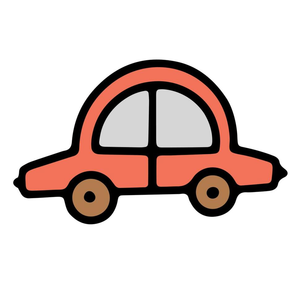 Doodle car. Funny primitive sketch scribble style. Hand drawn toy car vector illustration.