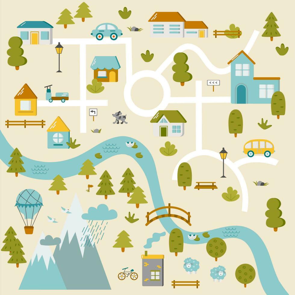 Cute town map for kids room. Landscape with lot details. Play mat for children activity. Vector illustration