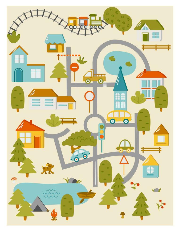 linda pueblo mapa para niños habitación. paisaje con lote detalles. jugar estera para niños actividad. vector ilustración