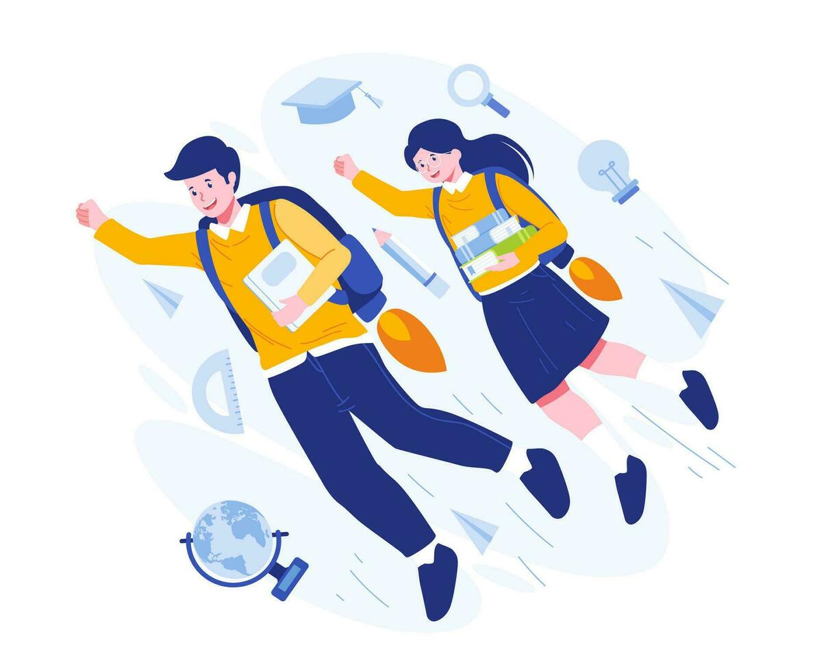Back to School concept illustration. A School Boy and a School Girl are flying on rockets in backpacks to Back to School vector