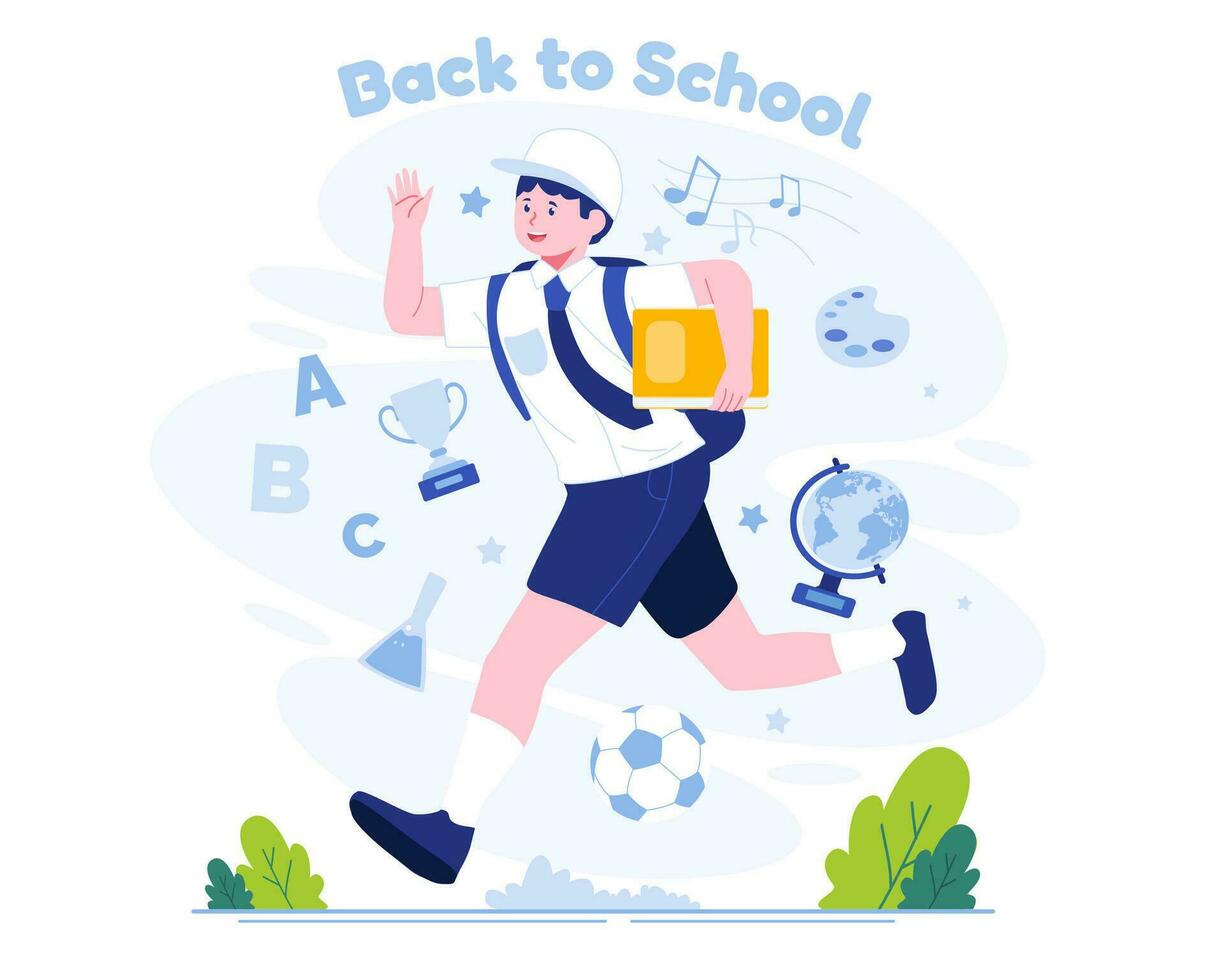 A School Boy in uniform with a backpack running happily back to school. Back to School concept illustration vector