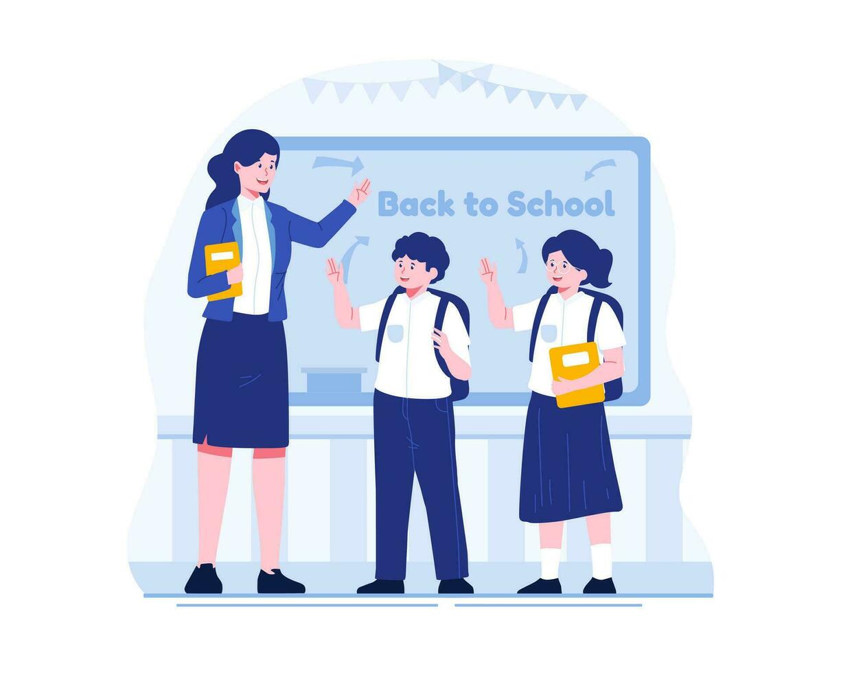 Back to School concept illustration. A Female Teacher welcomes students into the class vector