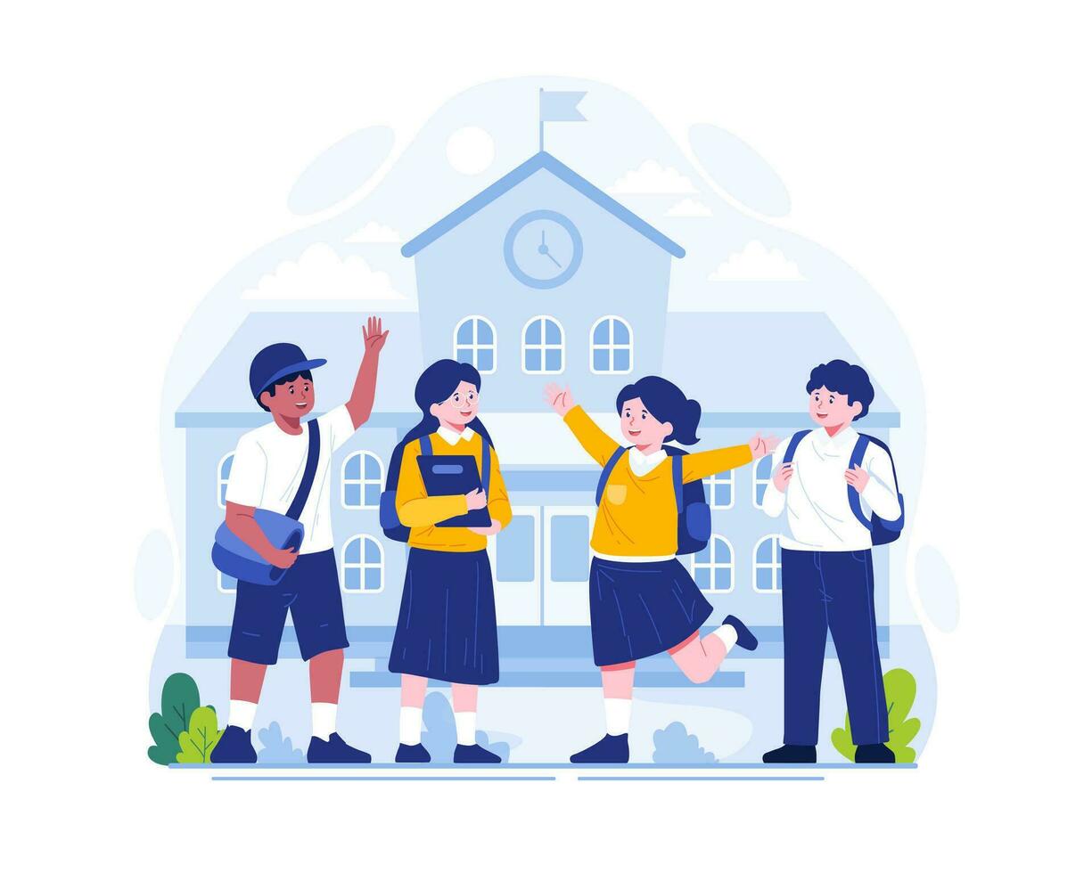 Schoolboy and schoolgirl are greeting each other in front of the school building. Back to school concept illustration vector