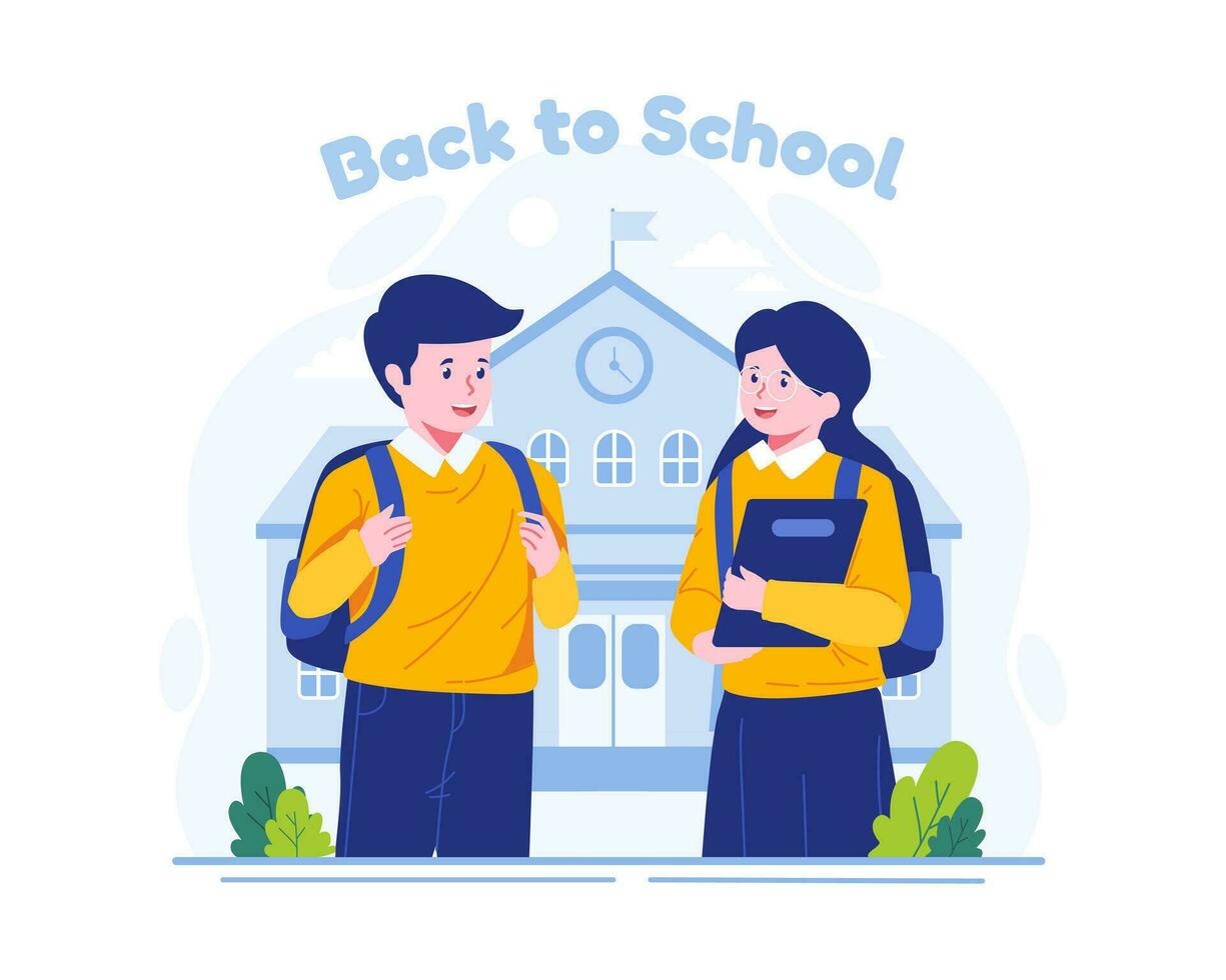 A School Boy and a School Girl with backpacks are back to school. Back to School concept illustration vector