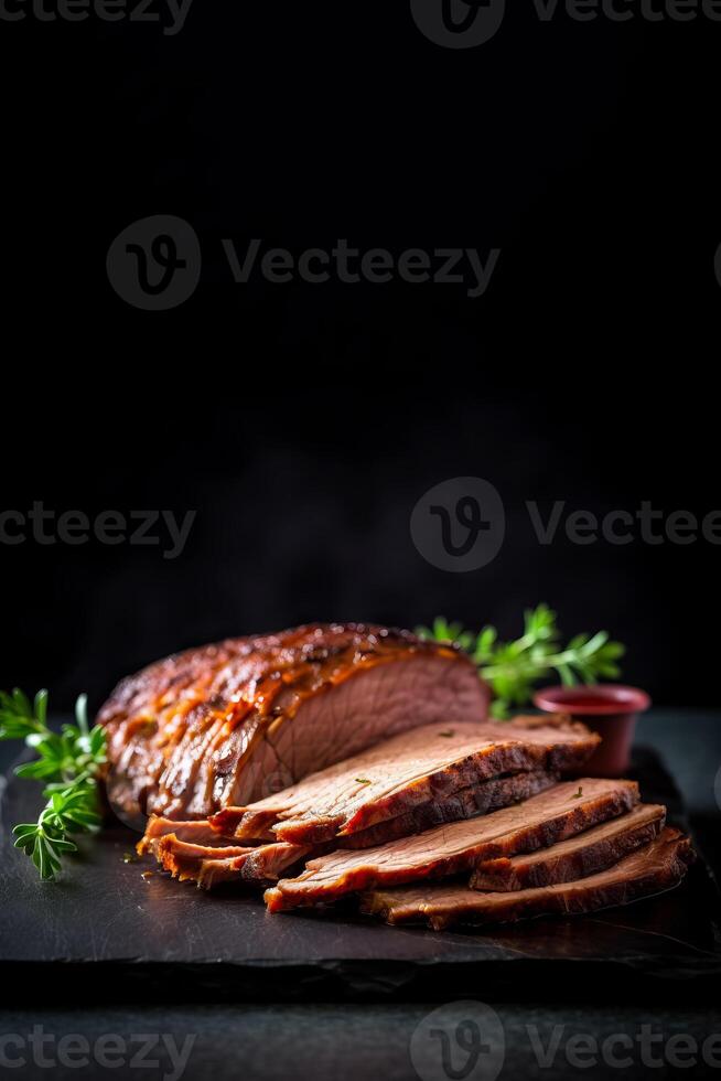 Baked ham with slices and big part, copy space, close up, photo