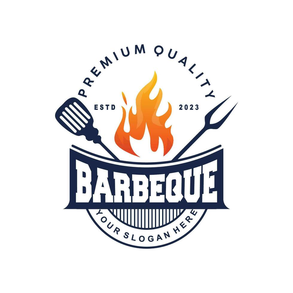 Barbeque Logo, Hot Grill Design With Fire And Spatula, Vector BBQ Grill Vintage Tripography, Retro Rustic Logo For Cafe, Restaurant, Bar