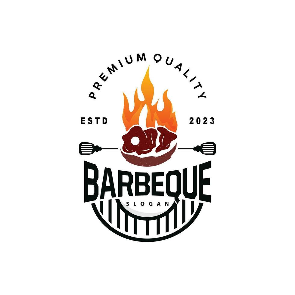 Barbeque Logo, Hot Grill Design With Fire And Spatula, Vector BBQ Grill Vintage Tripography, Retro Rustic Logo For Cafe, Restaurant, Bar