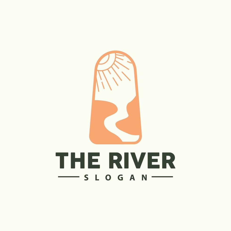 diseño del logo del río, vector de la cala del río, ilustración de la orilla del río con una combinación de montañas y naturaleza, marca de producto