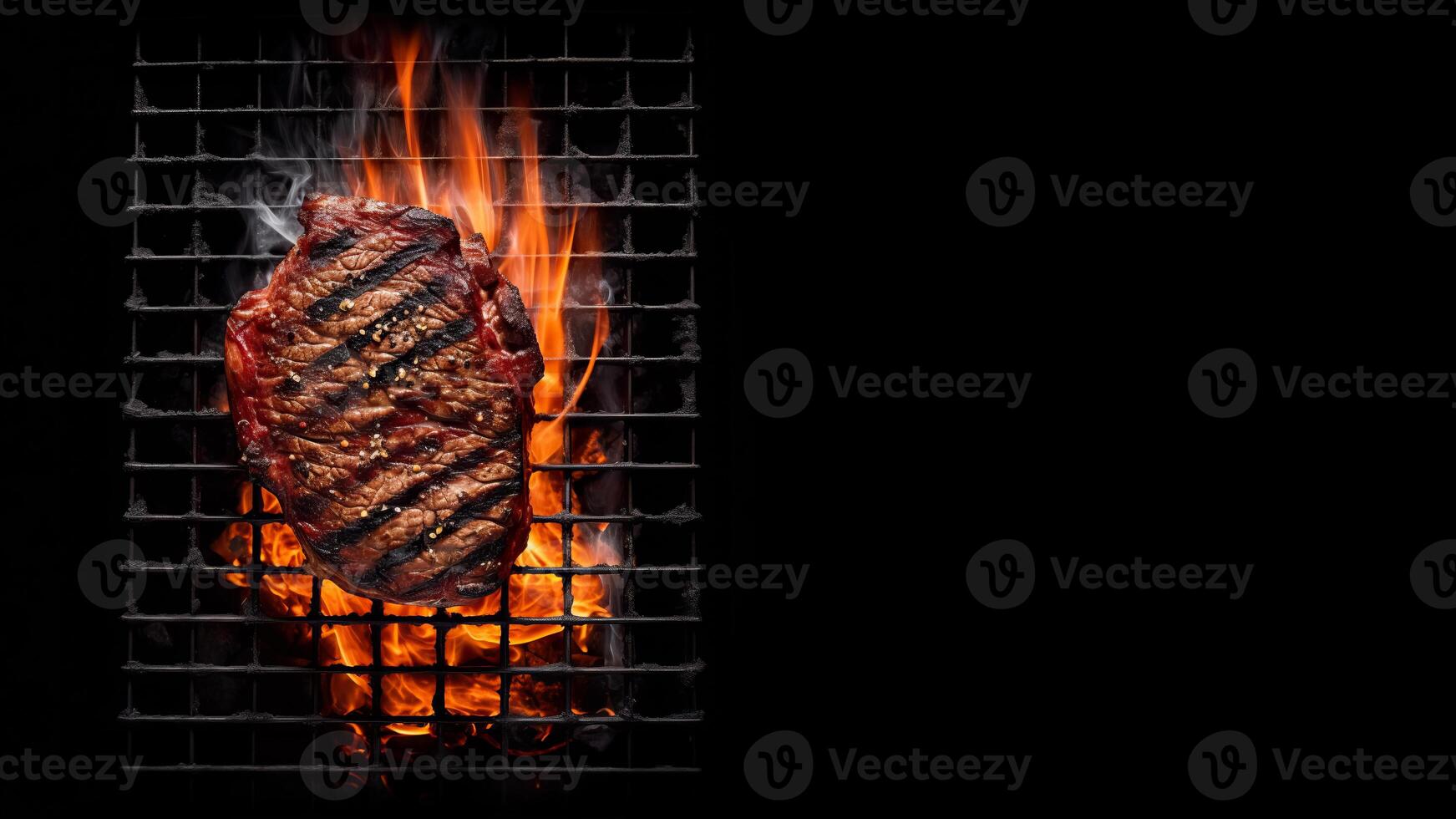 Grilled fresh juicy beef steak on grill, close up, isolated, copy space, photo