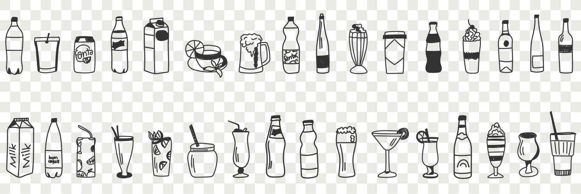 Various drinks collection doodle set. Collection of hand drawn cocktails milk beer milkshake tea coffee lemonade soda juice for drinking in rows on transparent vector