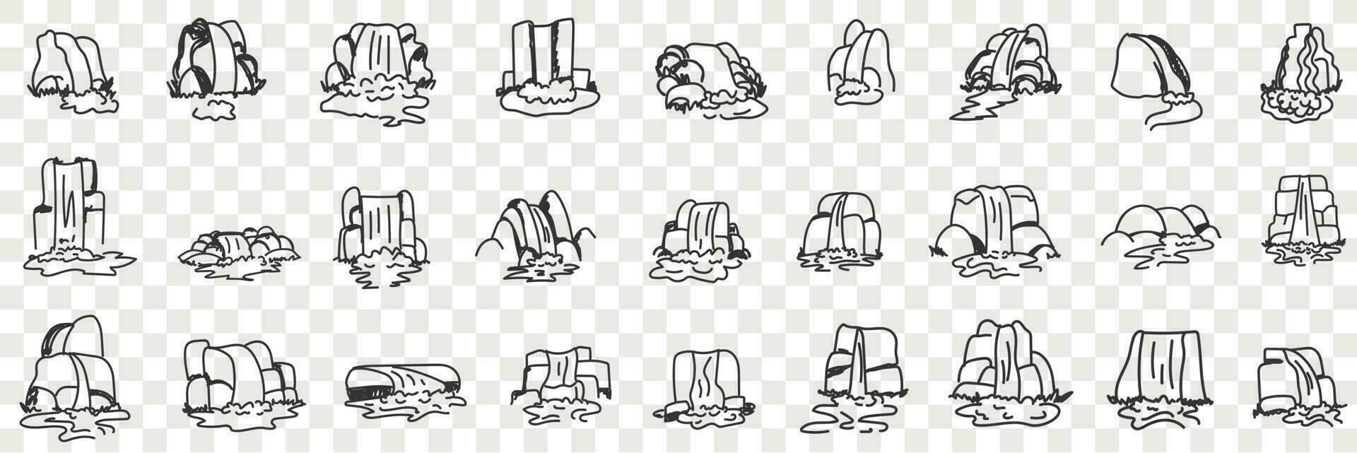 Natural waterfalls in cliffs doodle set. Collection of hand drawn falling waterfalls natural parklands vies sceneries in rows on transparent vector