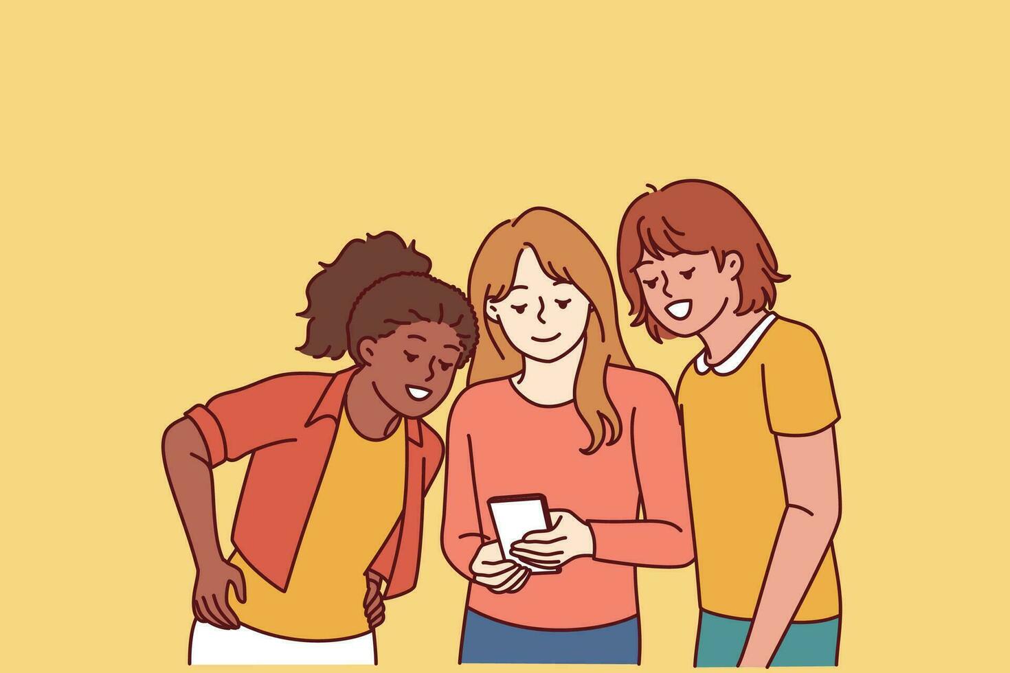 Teenage girls look at mobile phone and laugh at interesting video found on internet. Happy school age girls with smart phone are passionate about app and online games allowing to have fun vector