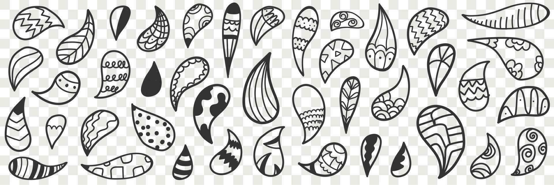 Natural leaves or drops doodle set. Collection of hand drawn leaves or natural drops of various patterns decoration wallpaper on transparent vector
