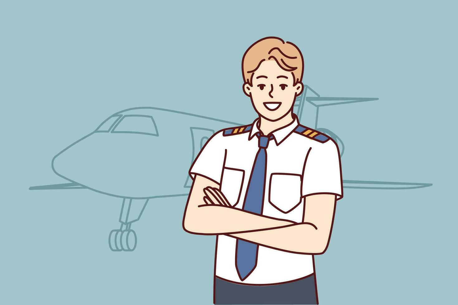 Man pilot of airplane stands with arms crossed near airliner inviting to buy new airline ticket. Confident guy airliner captain or aircraft pilot posing before departure from airport vector