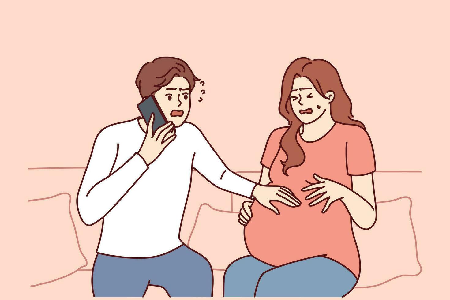 Pregnant woman next to worried husband calling doctor or 911 to report wife birth or marriage. Frightened man uses phone to tell prenatal doctor about pregnant bride stomach pains. vector