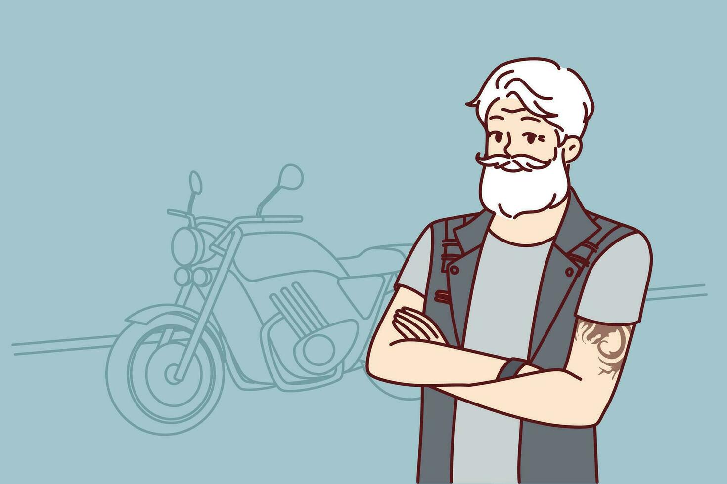 Old biker near motorcycle wishes to travel after retirement. Confident old man with tattoo on arms and gray hair is wearing biker vest for traveling around city or country on motorcycle vector