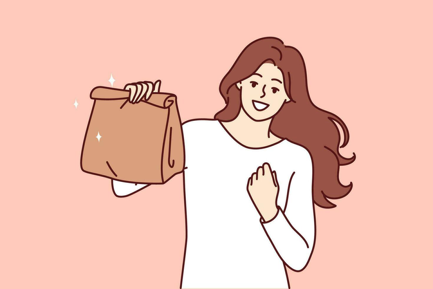 Woman with paper bag making victory gesture demonstrating food ordered from restaurant with delivery. Takeaway package for food or drinks in hand of girl delighted with purchase of delicious lunch vector