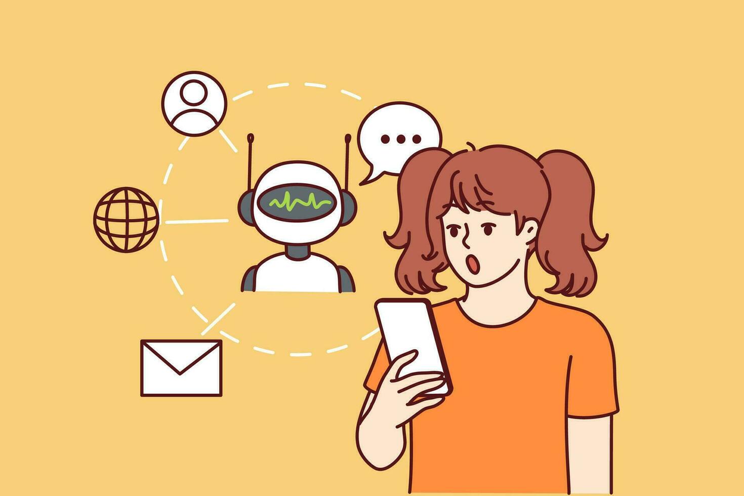 Teen girl with phone uses chatbot or robotic app with artificial intelligence and opens mouth in surprise at possibilities of AI neural networks. Surprised girl using smartphone with AI programs vector