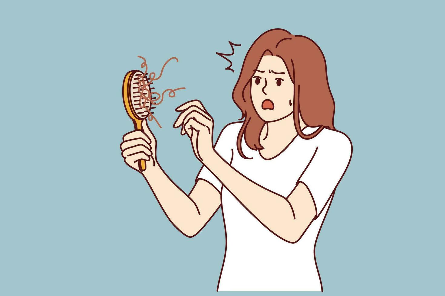 Woman learns about problem of hair loss sees comb and opens mouth in surprise. Shocked girl needs remedy for hair loss or consultation with cosmetologist who recommended shampoo for head vector