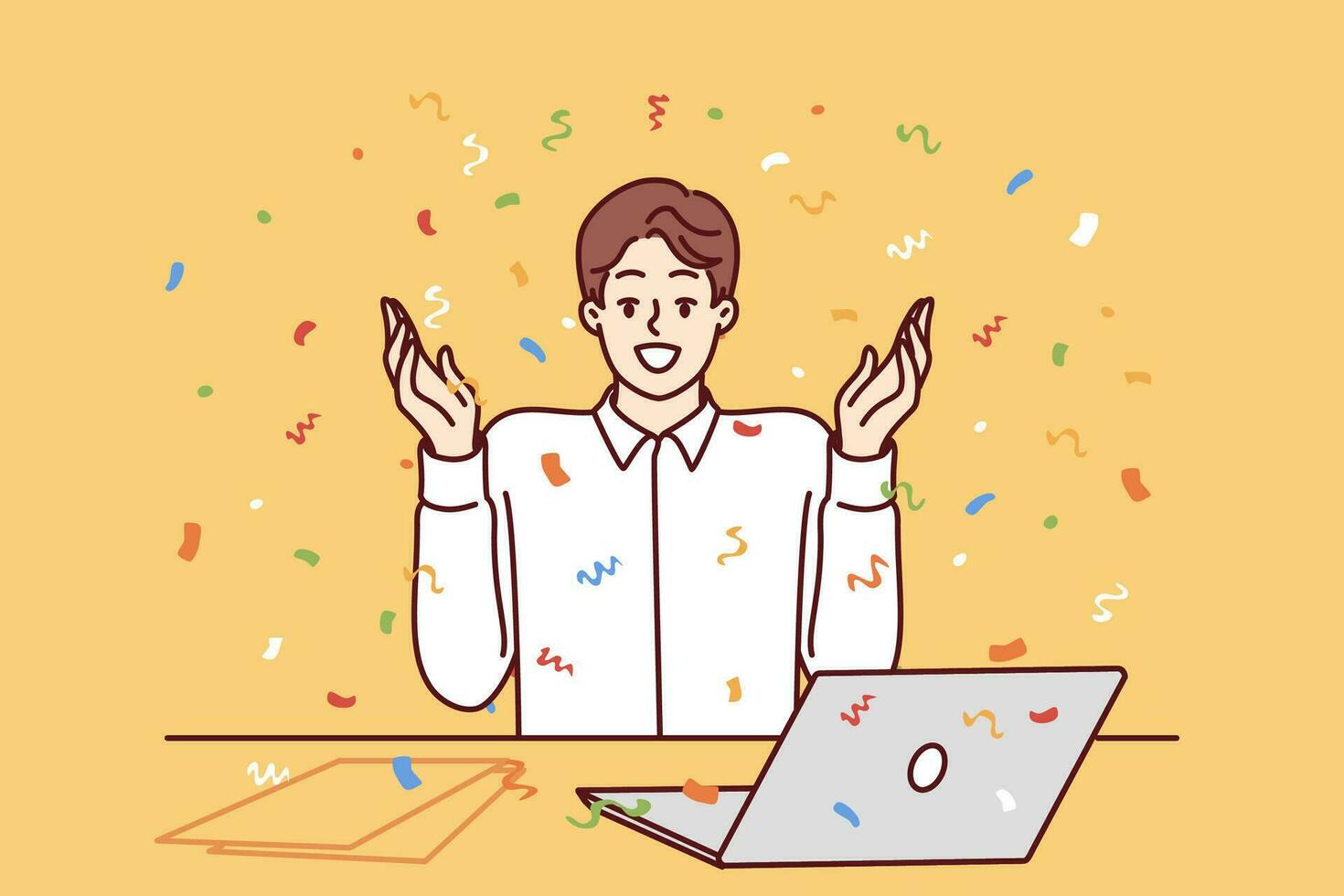 Happy man office worker with laptop raises hands up as sign of success and sits among falling confetti. Happy business man enjoying moment after making successful deal with partners vector