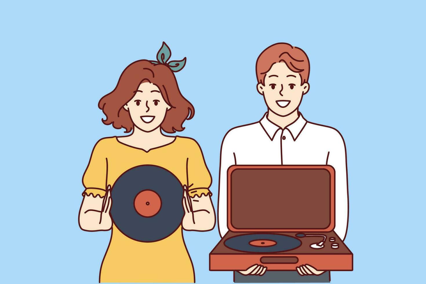 Happy couple with turntable and vinyl record invites you to retro party with jazz music. Young man and woman collecting vintage vinyl records with music from their favorite artists. vector