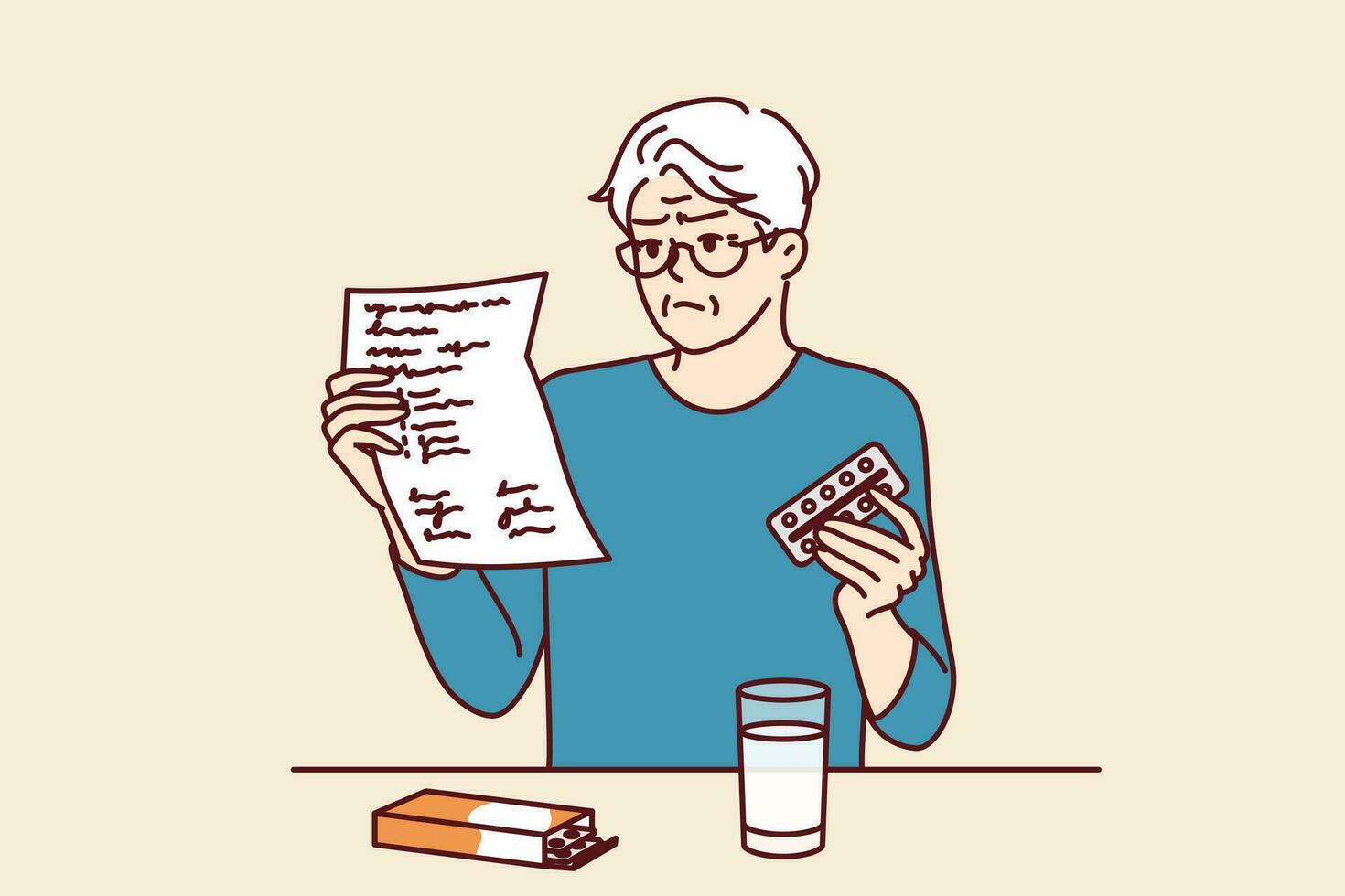 Elderly man takes medicine and reads dosage instructions for pills prescribed by doctor. Gray-haired elderly human is studying instructions to learn about contraindications and side effects of pills. vector