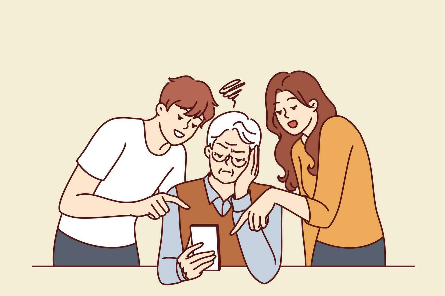 Elderly man learns to use phone and listens to advice of adult children teaching how to send SMS message. Old human is upset because of inability to use modern smartphone and online app vector