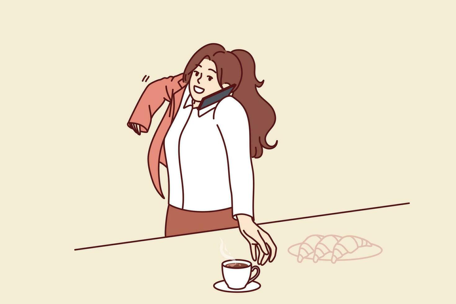 Busy woman makes business phone call having breakfast and puts on jacket hurrying to work. Busy businesswoman in hurry talking on phone and drinking coffee to get job done without breaking deadlines vector