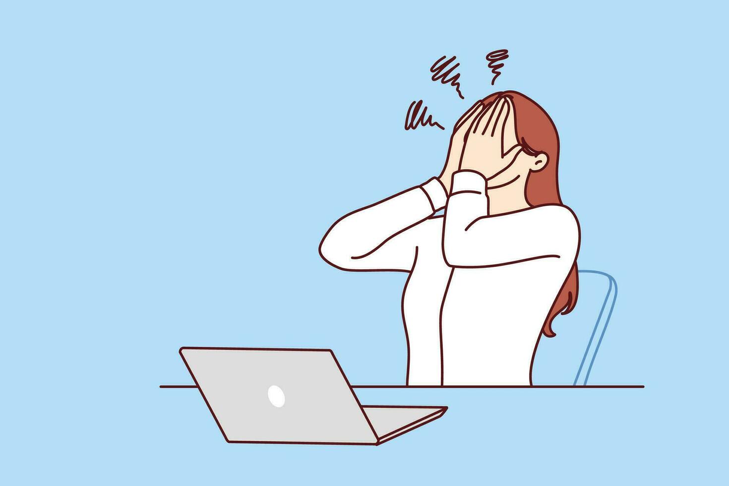 Business woman using laptop experiencing stress after making mistake or sending email to wrong recipient. Girl manager in business clothes suffers from stress associated with professional burnout vector