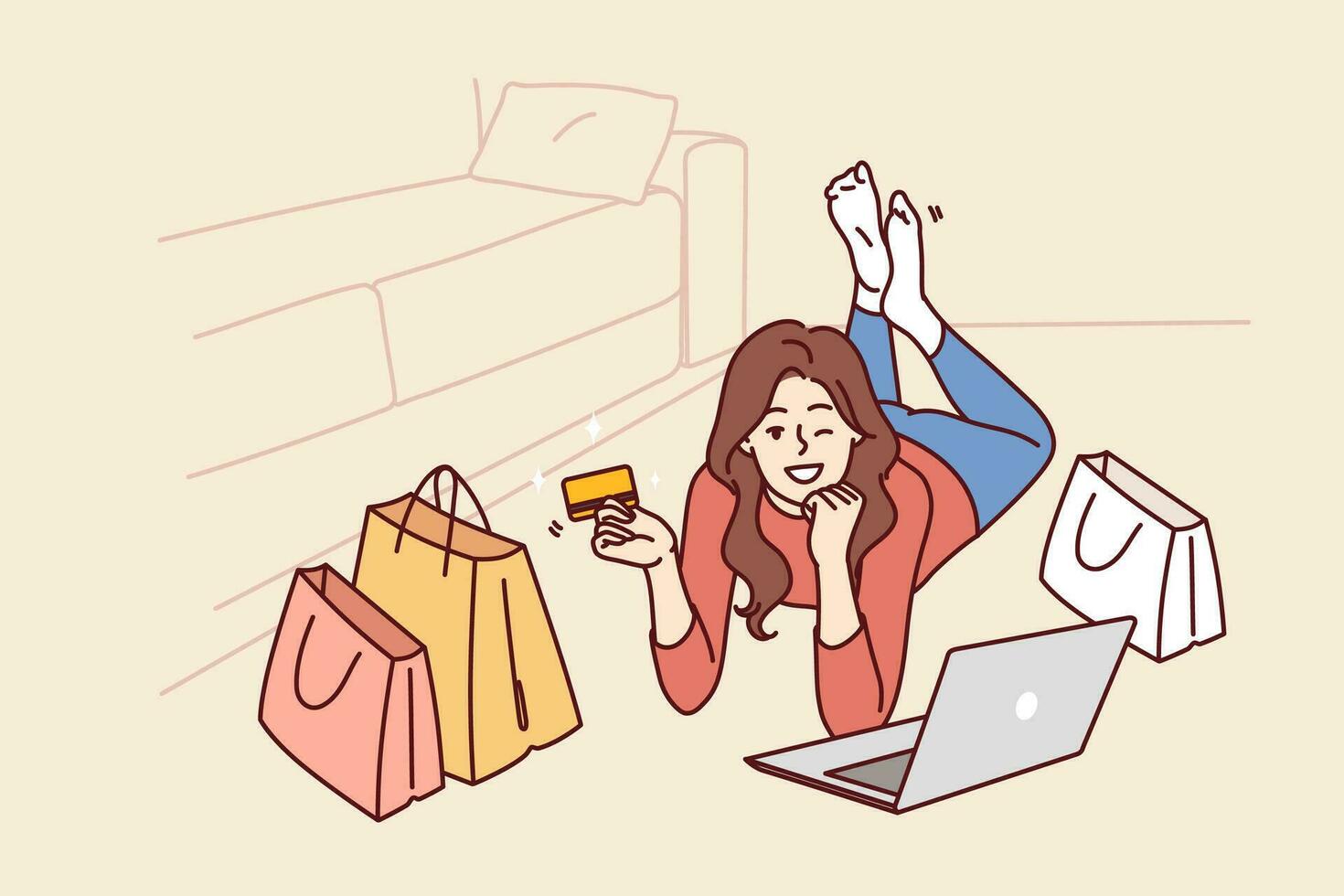 Woman with credit card and laptop after internet shopping or ordering goods on website of popular online store. Girl lying on floor and winking invites to shopping using bank card with cashback vector