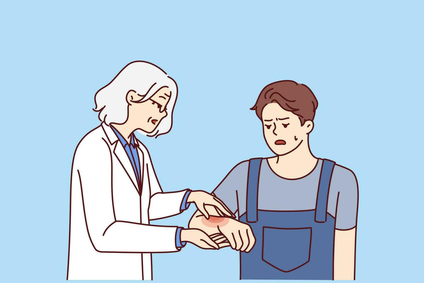 Man with hand injury goes to doctor for help for treatment or for advice on rehabilitation. Elderly woman doctor helps guy in uniform to cure injury received during construction work vector
