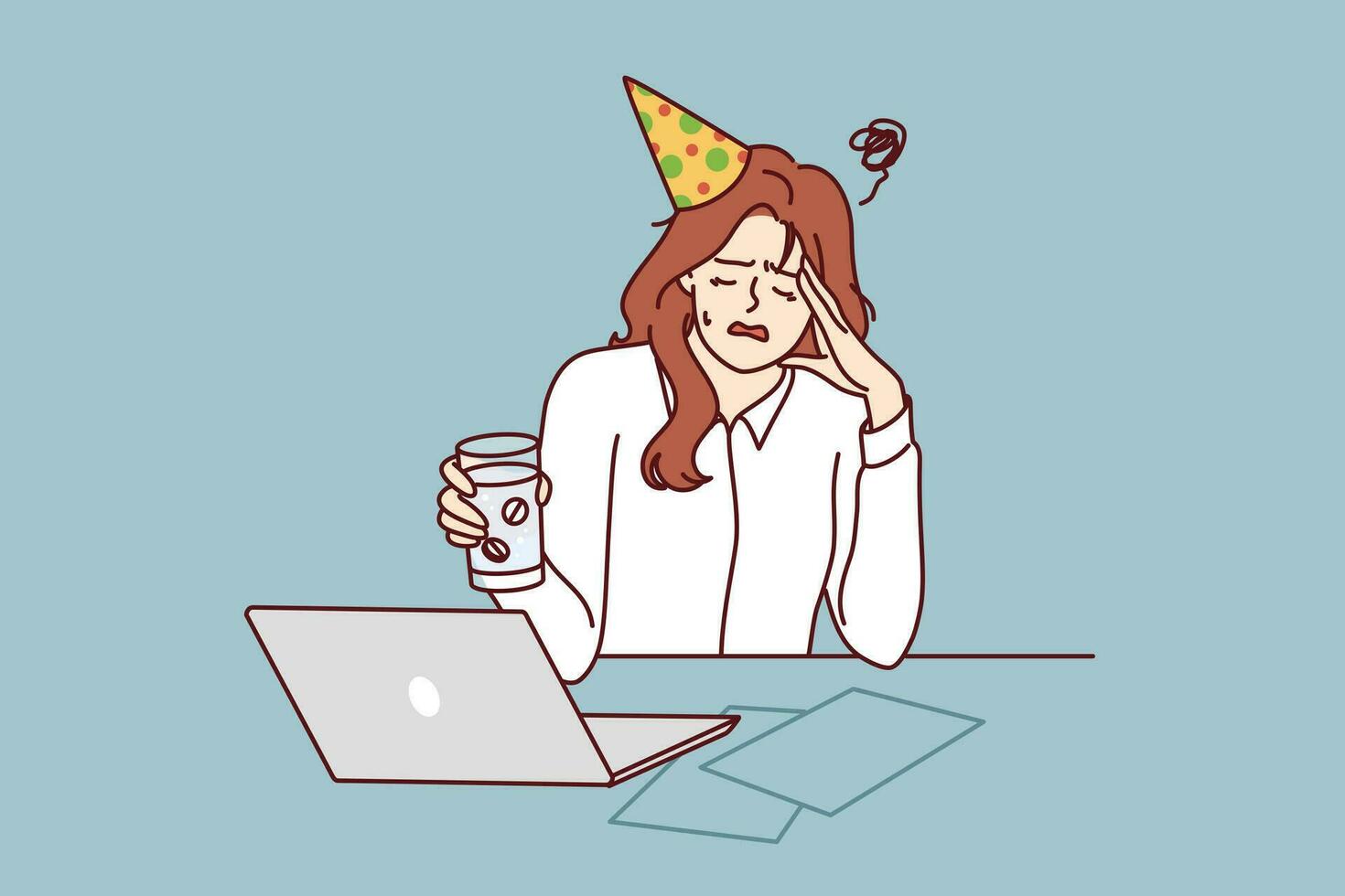 Woman office worker suffers from hangover after party and drinks pills to relieve headache. Girl in birthday hat and business clothes sits at table with laptop experiencing hangover in workplace vector