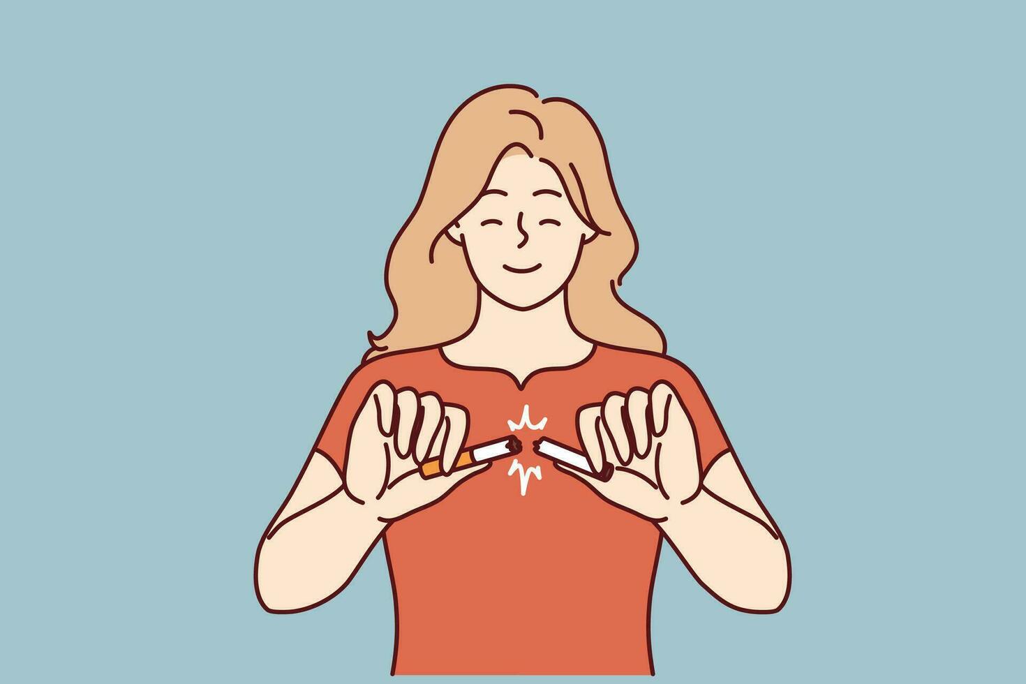 Woman with smile breaks cigarette as sign of fight against nicotine addiction and tobacco smoking. Girl breaks cigarette refusing to use products of tobacco corporations that are harmful to health vector