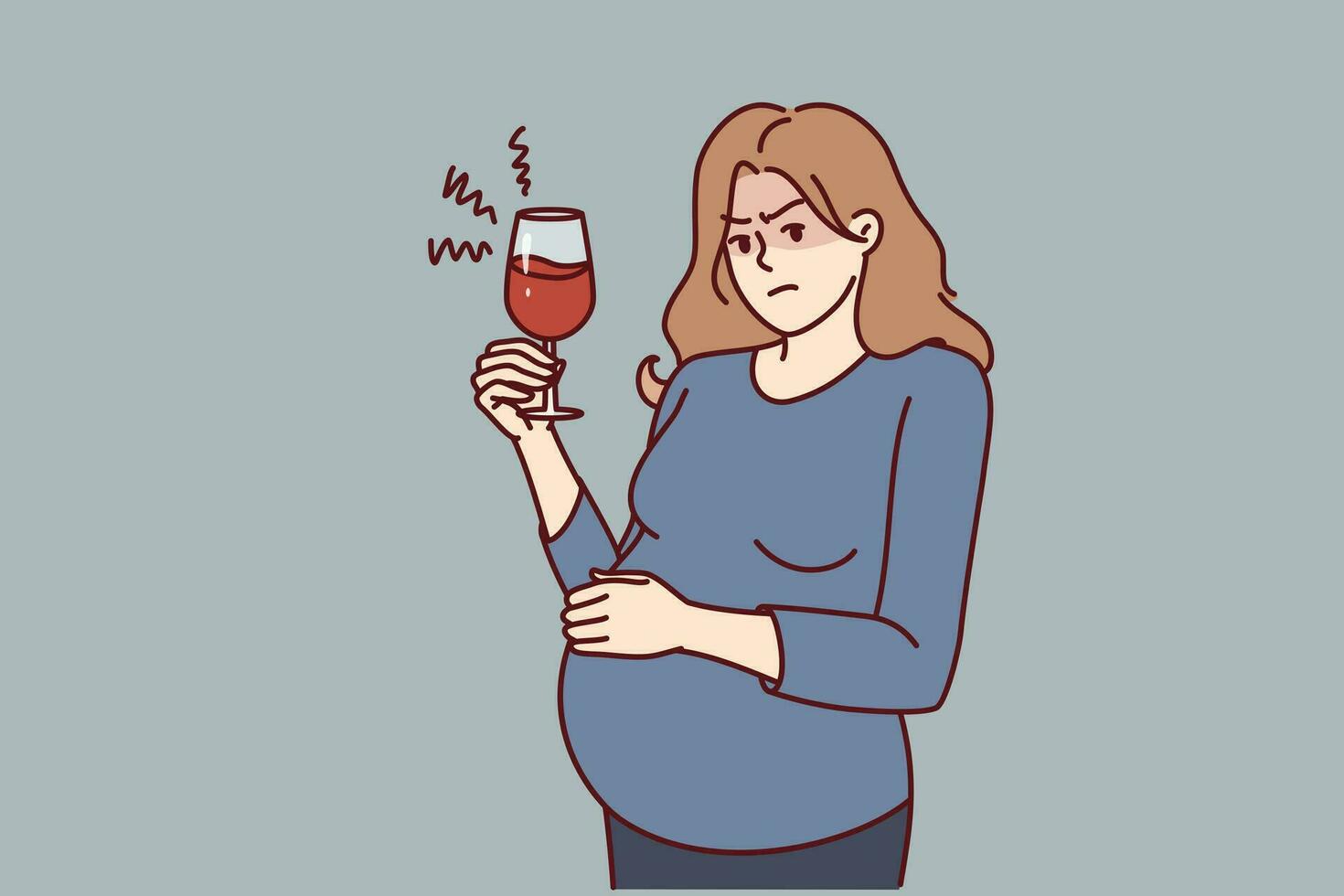 Pregnant woman drinks alcohol unknowingly causing harm to unborn child. Pregnant girl with glass of wine or alcoholic cocktail needs consultation about dangers of bad habits for expectant mothers vector