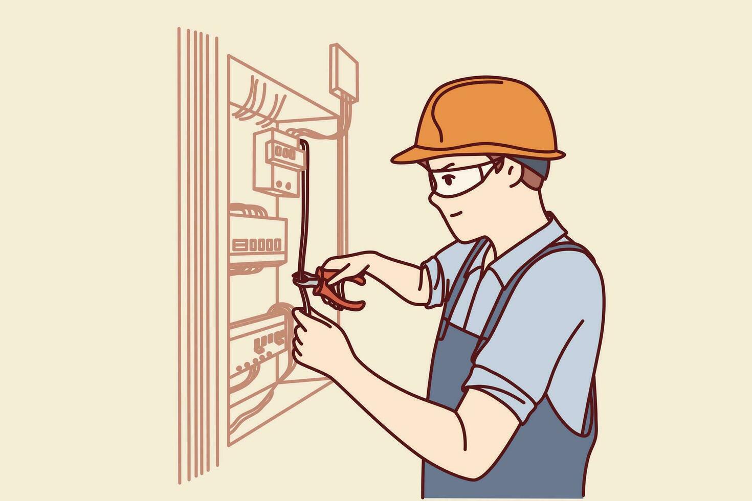 Man electrician repairs power shield and connects residential building or factory to electricity. Guy in electrician uniform repairs wiring standing near cabinet with power machines and wires vector