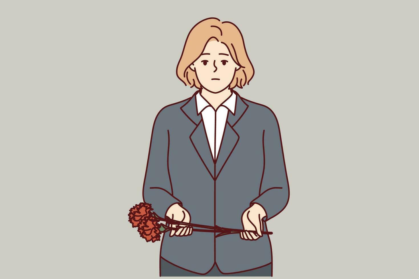 Sad woman with carnations for funeral ceremony expresses condolences after death of friend or colleague. Girl came to funeral ceremony with flowers to see deceased on last journey vector
